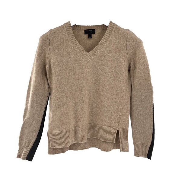 J.CREW Sweaters - J Crew Beige Wool/Cashmere Blend V-Neck Sweater Genuine Leather Patches Sz Small